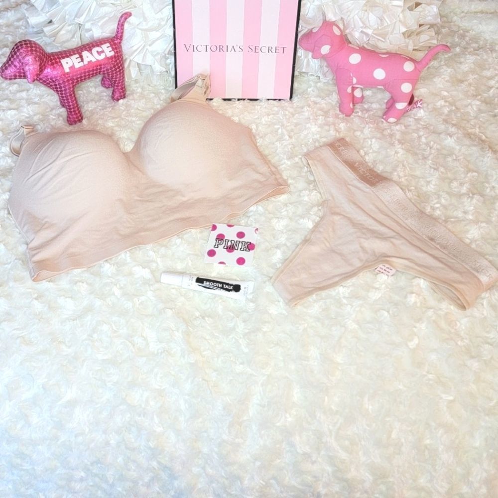 NWT 2PC PINK VICTORIA SECRET NUDE SET SCOOP BRA COTTON LOGO THONG LARGE L